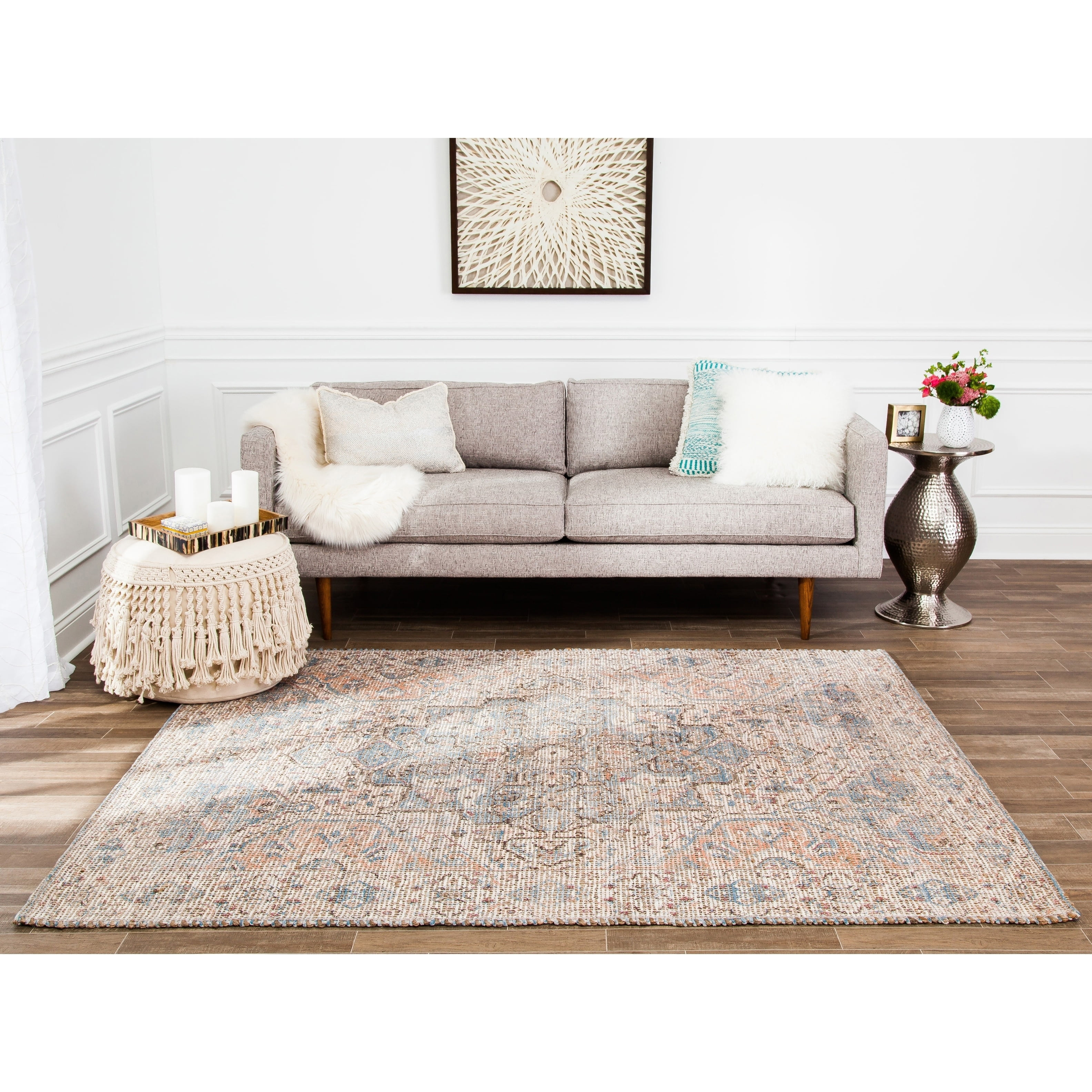 Jani  Davia Distressed Beige Jute-blend Rug 8' Round Oriental, Medallion, Geometric 8' Round Entryway, Living Room, Dining Room Round Braided