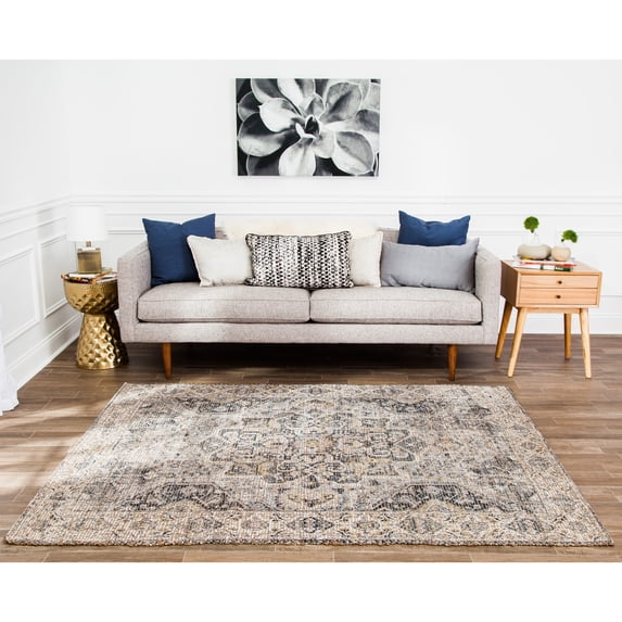 Jani Zora Distressed Grey Jute-blend Rug 4' Round Oriental, Medallion, Geometric 4' Round Entryway, Living Room, Dining Room Round Braided