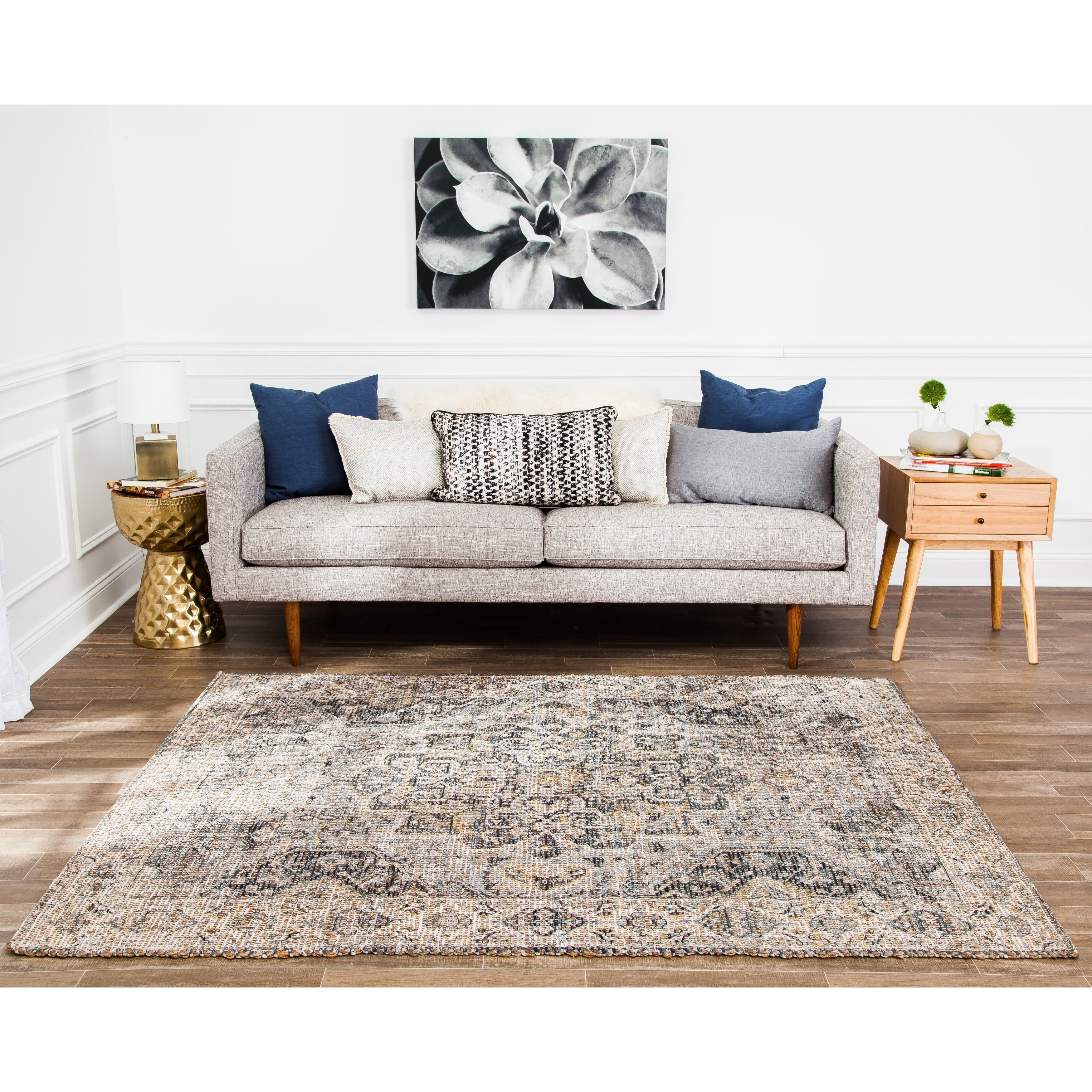 Jani  Zora Distressed Grey Jute-blend Rug 8' Round Oriental, Medallion, Geometric 8' Round Entryway, Living Room, Dining Room Round Braided