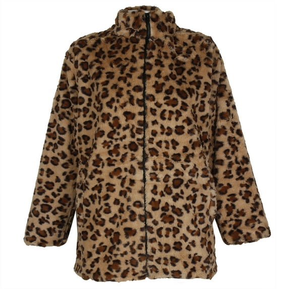 Janice Apparel Women's Faux Fur Animal Print Cheetah Zip Up Jacket Khaki OS