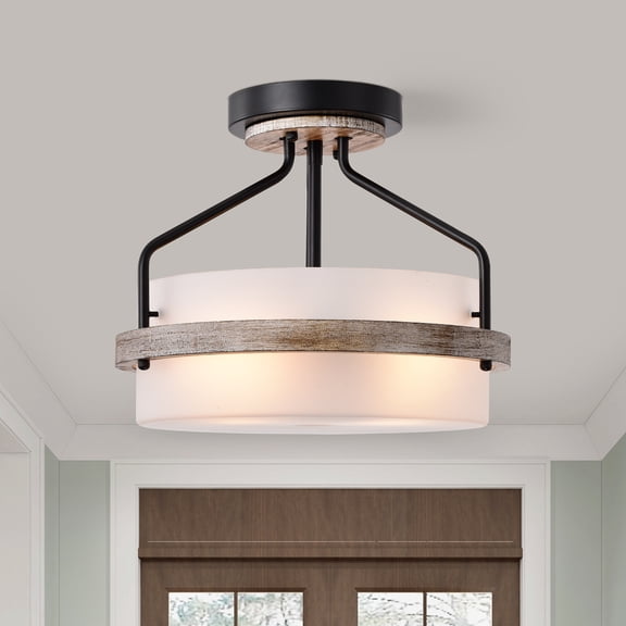 Janice Matte Black 2-Light Frosted Glass Drum Shade Semi-Flush Mount