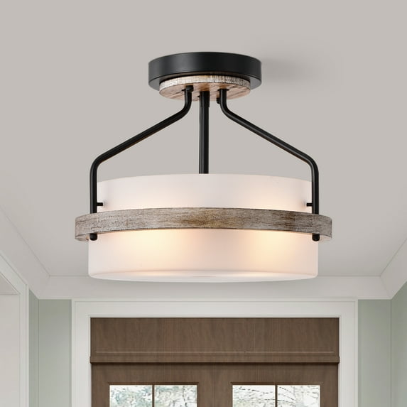 Janice Matte Black 2-Light Frosted Glass Drum Shade Semi-Flush Mount