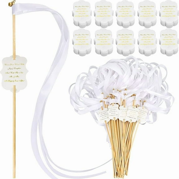 Janinka 100 Sets Ribbon Wedding Wands with Sticks and Bells Bulk Ribbon Dancer Wands Sparklers Wedding Send Off Items Party Favors Streamers Party Celebration Decorations(White)