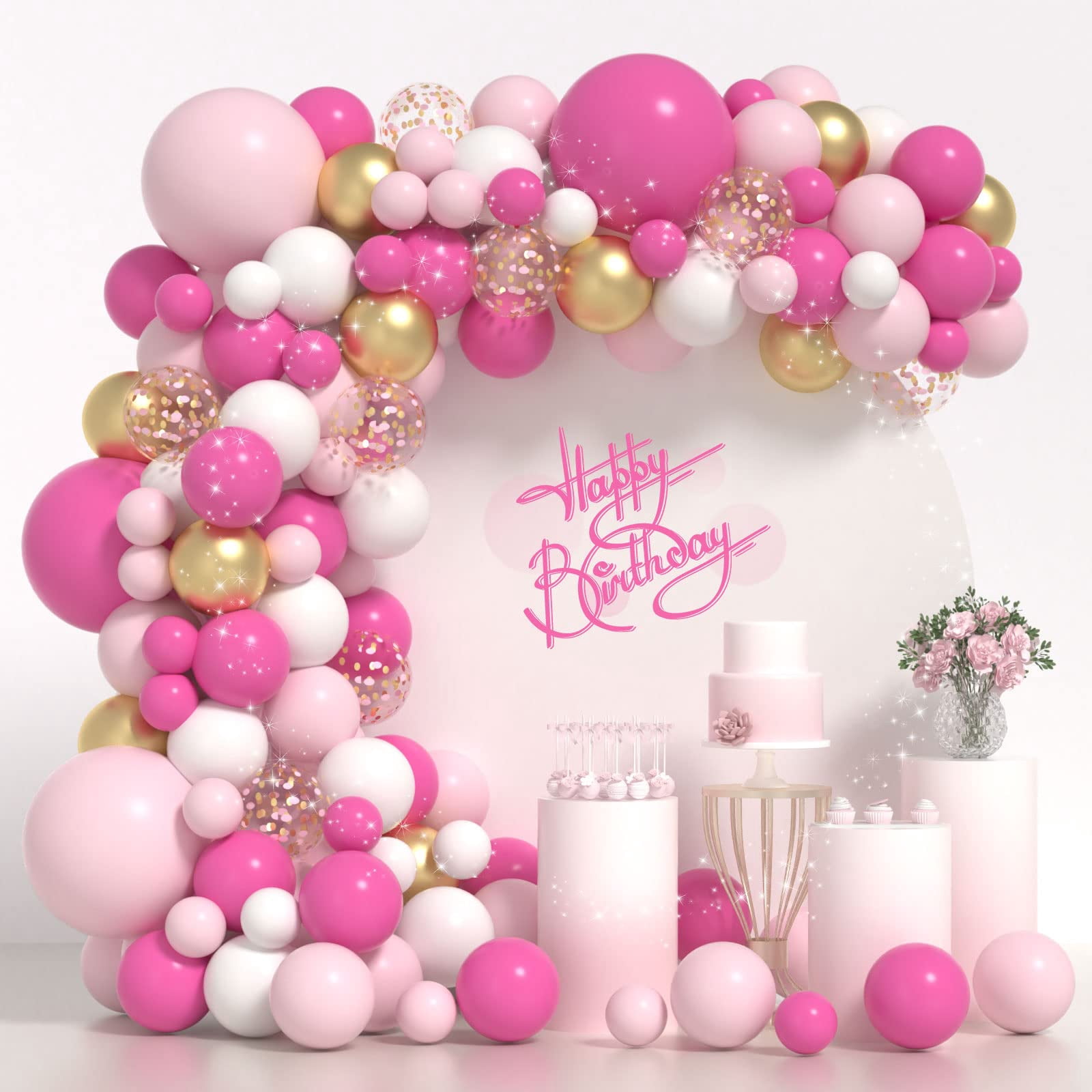 Janinus Pink Balloons Garland Arch Kit KKS1&nbsp;5+12+18 In Hot Pink Gold and White Balloons For Princess Baby Girl Shower Graduation Decorations Bachelorette Birthday Valentines Day Decor
