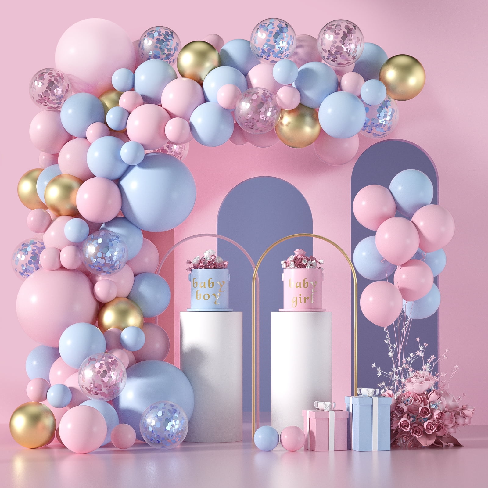 Janinus Pink and Blue Balloon Garland Arch Kit-130 PCS 5+12+18 inch Pink Blue Confetti Gold Latex Balloons Gender Reveal Balloons for Boys Girls Gender Reveal Decorations Baby Shower Decorations