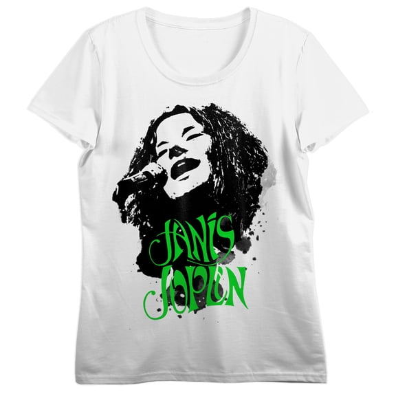 Janis Joplin Black Ink Art With Neon Green Text Women's White Short Sleeve Crew Neck Tee-Large