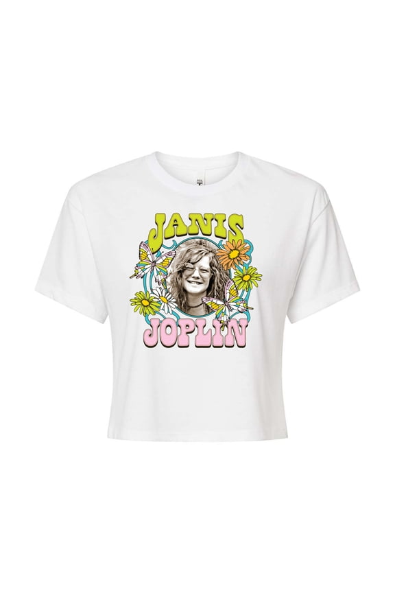 - Butterfly And Flowers - Juniors Cropped Cotton Blend T-Shirt