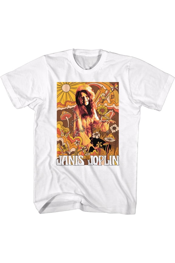 Janis Joplin Drawn Over Pic White Adult T-Shirt