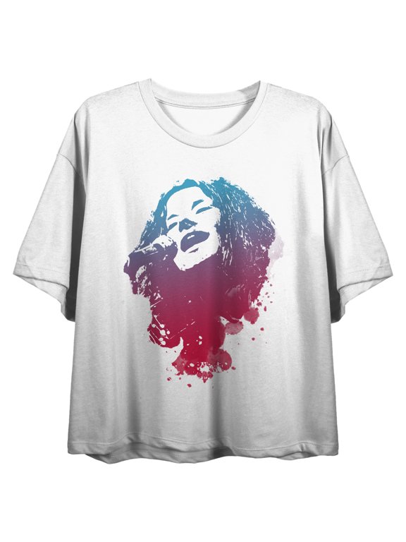 Janis Joplin Gradient Sketch Crew Neck Short Sleeve Women's White Crop Top-XL