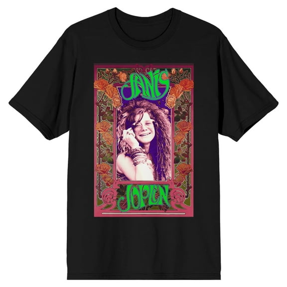 Janis Joplin Rose Border Crew Neck Short Sleeve Men's Black T-shirt-Large