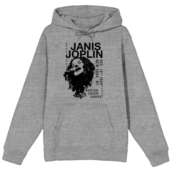 Janis Joplin Sketchy Art Long Sleeve Gray Heather Adult Hooded Sweatshirt-Small