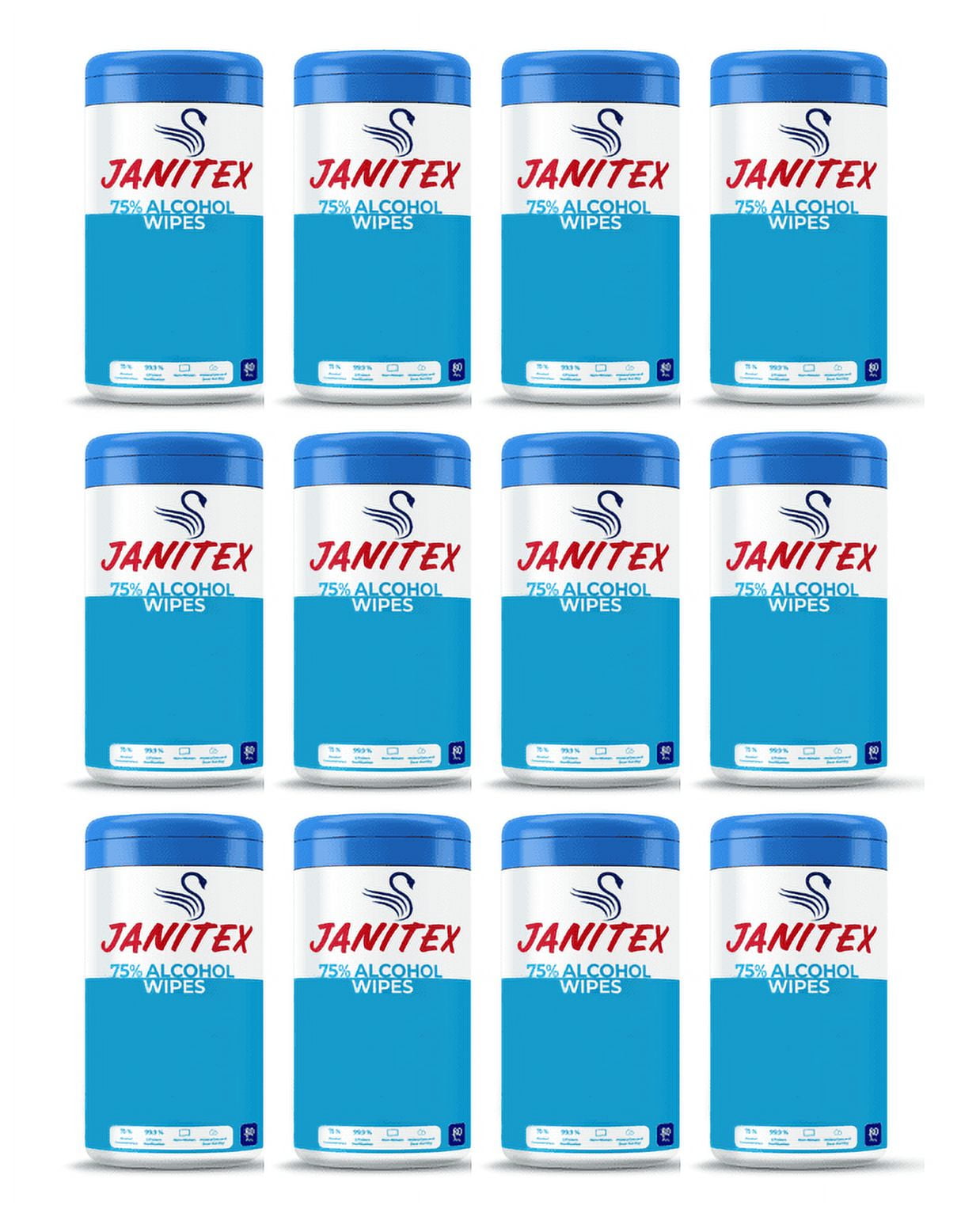 Janitex 75% Alcohol Wipes - 12-Pack - 80 Wipes x 12 Canisters - 960 Wipes