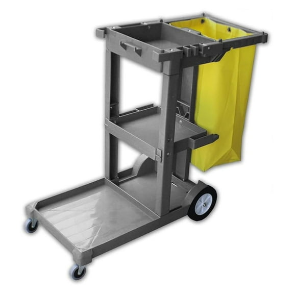 Janitor Cart - Gray 3-Shelf Cleaning Cart with Wheels & Trash Bag - Commercial Utility Cart for Office, School, Hospital