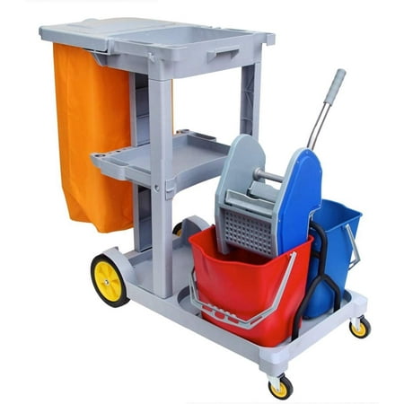 Janitorial Cart with Cover - 25 Gallon Bag - 2 Buckets - Mop Wringer Trolley
