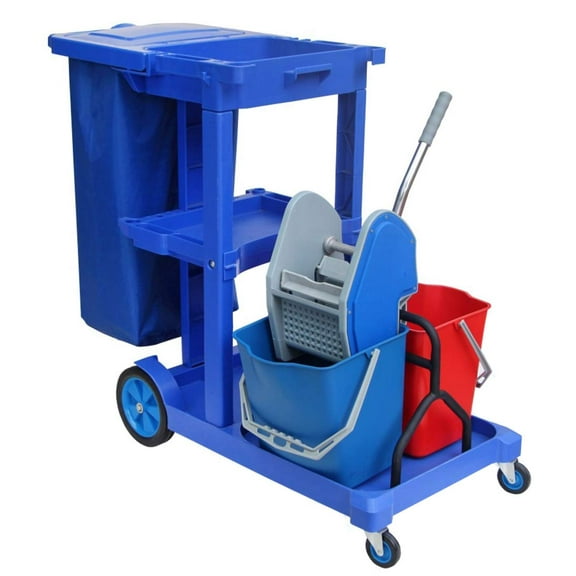 Janitorial Cart with Cover - 25 Gallon Bag - 2 Buckets - Mop Wringer Trolley