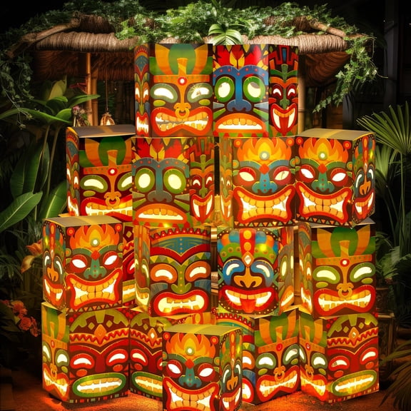 Janlaugh 16 Pcs Tiki Totem Box Decor with Light, Luau Party Decorations for Hawaiian Birthday Party Tropical Aloha Decor 9.84 x 7.09 Tiki Lighted Gift Boxes for Garden Patio Porch Outdoor Decor Y101