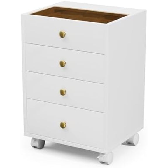 JanlyHome Under Desk Storage, Small Chest of 4 Drawers, Home Office Vertical File Cabinet with Glass Top, Mobile Printer Stand with Lockable Wheels for Home Office Study, White$$