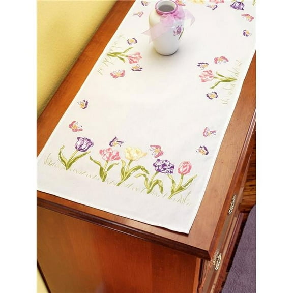 Janlynn 21-1115 14 x 35 in. Dresser Scarf Stamped Embroidery - Tulip Garden
