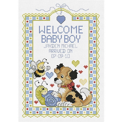 Janlynn 80-0469 14 Count Welcome Baby Boy Sampler Counted Cross Stitch Kit,  7-Inch by 10-Inch , White