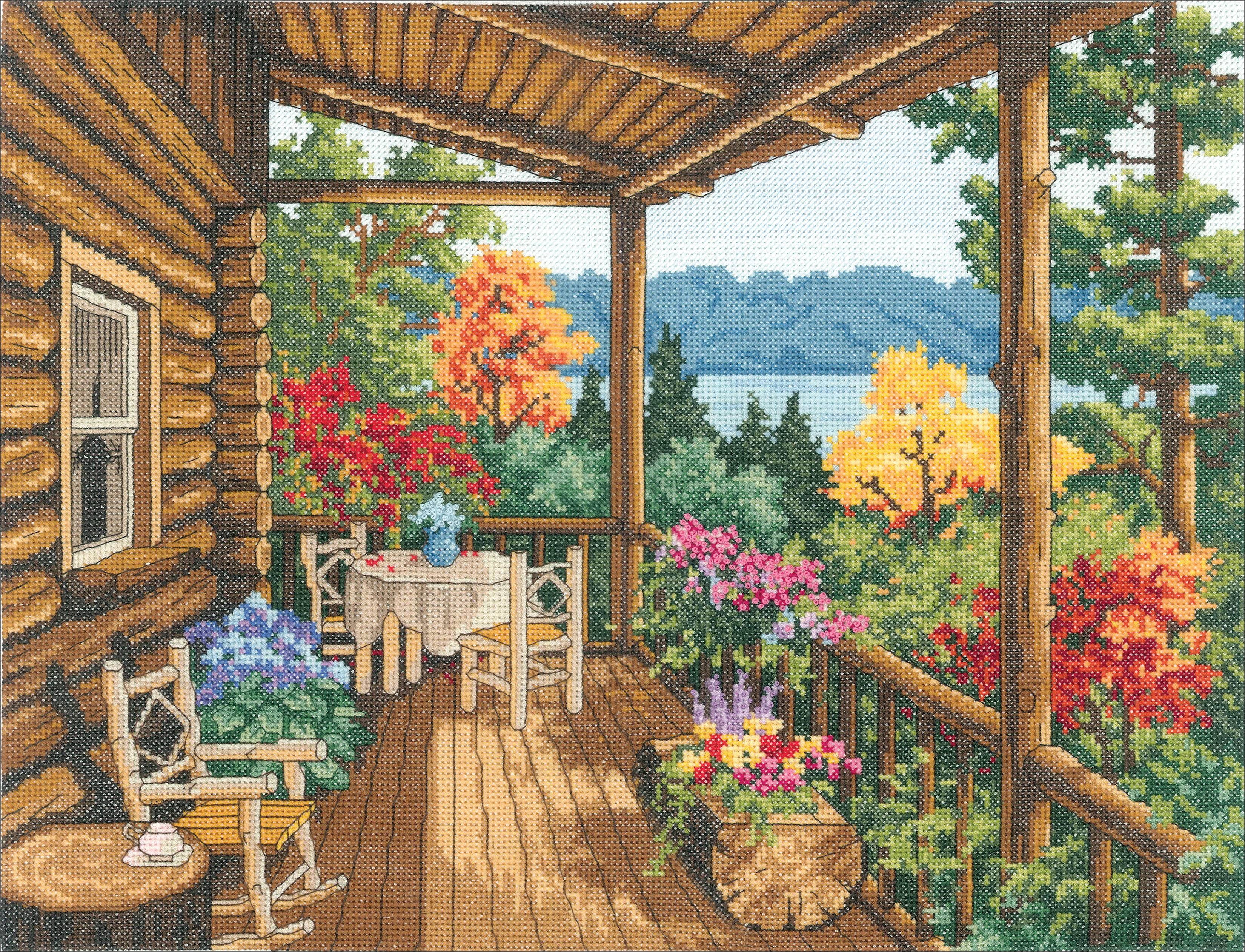 Janlynn Counted Cross Stitch Kit 16"X12"-Log Cabin Covered Porch (14 Count)
