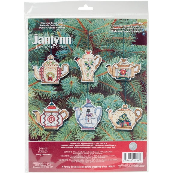 Janlynn Counted Cross Stitch Kit 3"X3" Set of 6-Christmas Teapot Ornaments (14 Count)