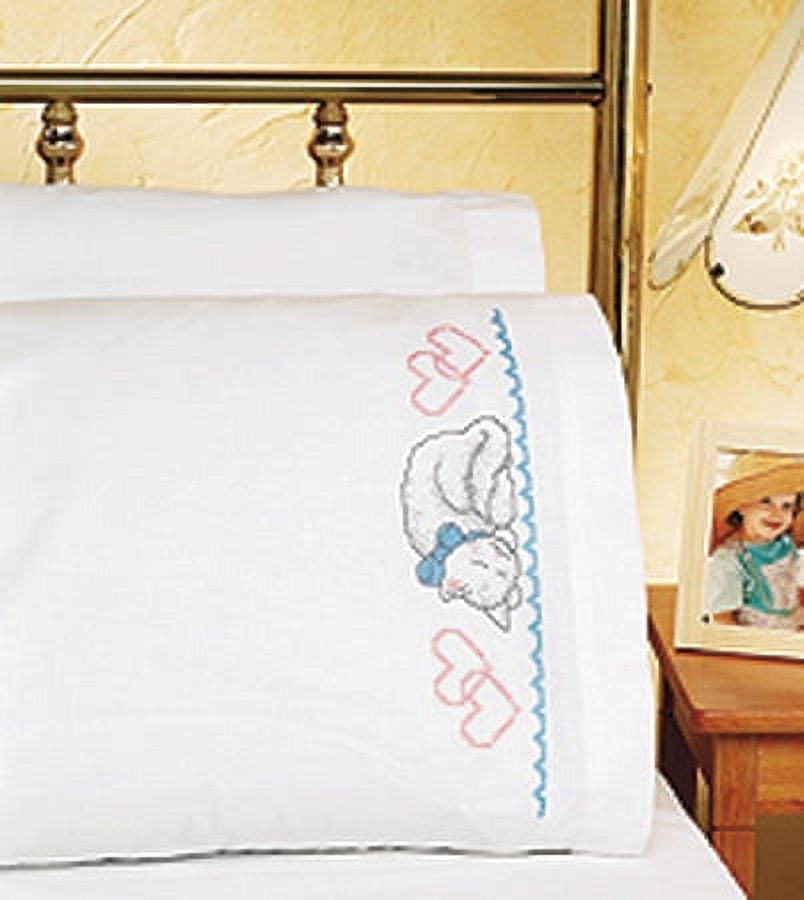 Kitty Stamped Cross Stitch White Cotton Pillowcase Pair