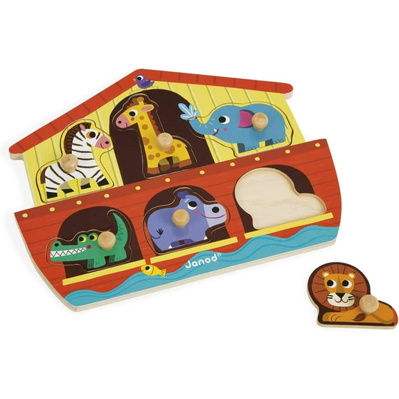 Janod 6 Piece Noah s Ark Puzzle Themed Wooden Peg Colorful Jigsaw Puzzle - Encourages Shape Recognition, Dexterity, and Language Development - Preschool Kids and Toddlers 18 Months+