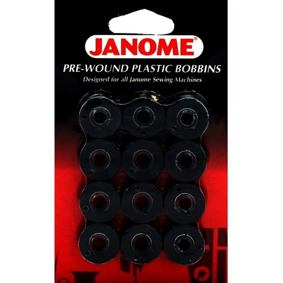 Janome 12 Pack Pre-Wound Plastic Bobbins Black Thread