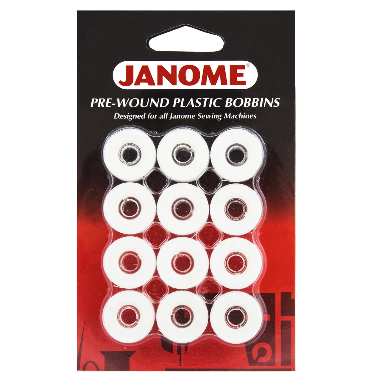 Janome 12 Pack PreWound Plastic Bobbins White Thread