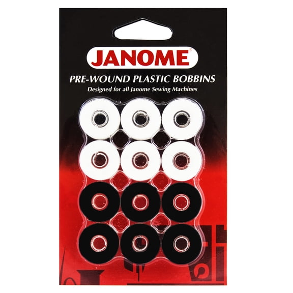 Janome 12 Pack Pre-Wound Plastic Bobbins White and Black Thread