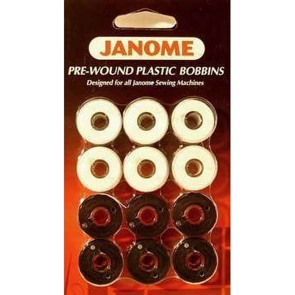 Janome 12 Pack Pre-Wound Plastic Bobbins White and Black Thread
