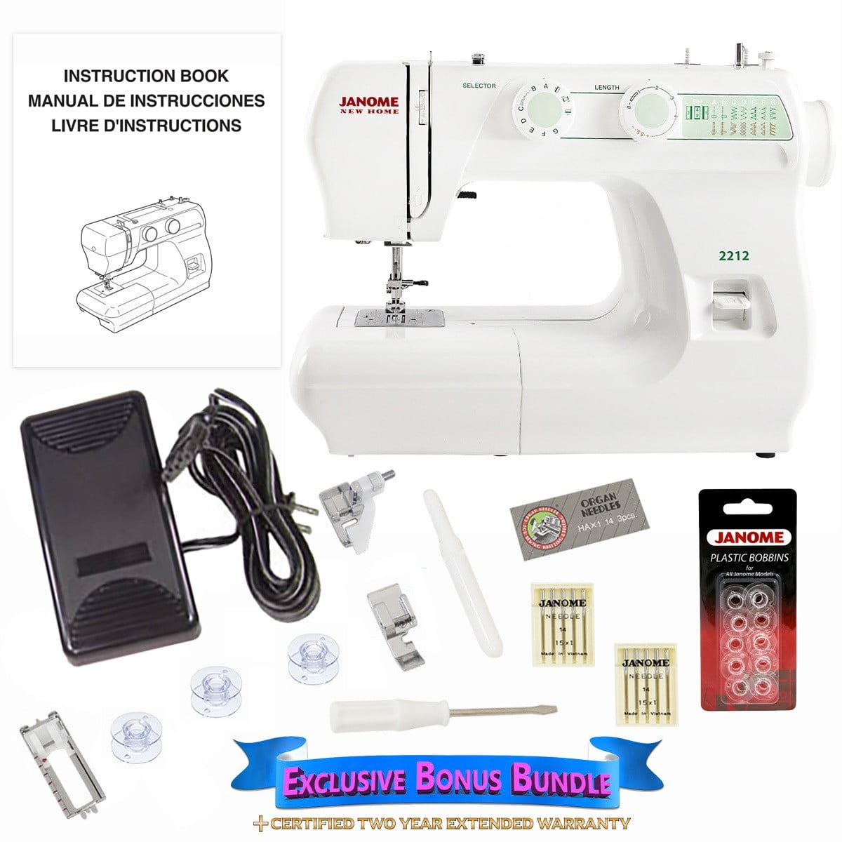 Janome 2212 Portable Electric Desktop Sewing Machine for Beginners with Bonus Bundle