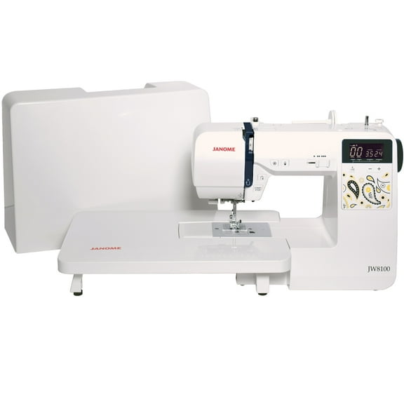 Janome JW8100 Fully-Featured Computerized Sewing Machine with 100 Stitches, 7 Buttonholes, Hard Cover, Extension Table and 22 Accessories