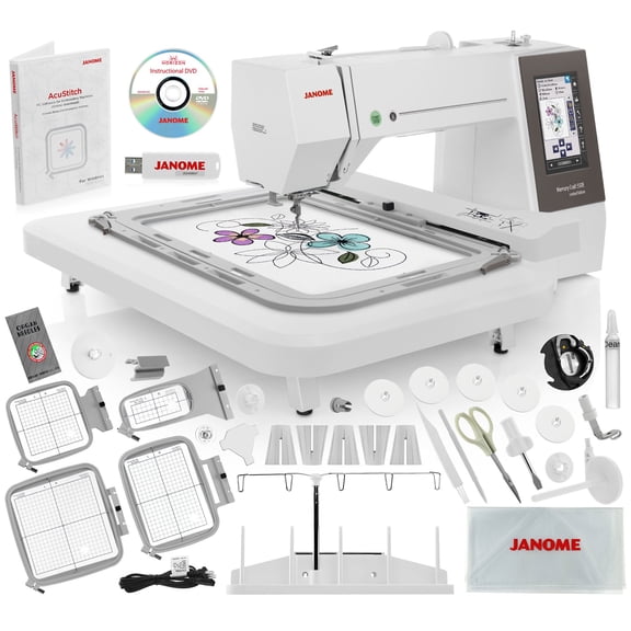 Janome Memory Craft 550e LE Embroidery Machine Bundle - Includes Genuine 5-Spool Thread Stand + Janome RE10B 3.9" x 1.6" Embroidery Hoop