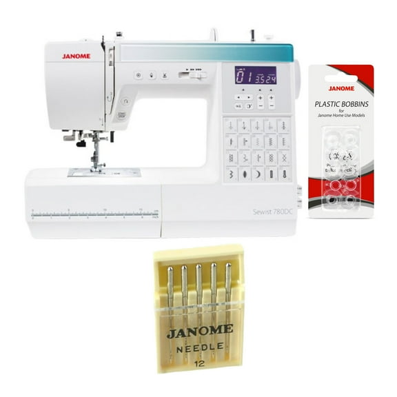 Janome Sewist 780DC Computerized Sewing Machine Bundle: 80/12 Built-In Stitches 3 Buttonholes 50 Clear Bobbins and Universal Needles