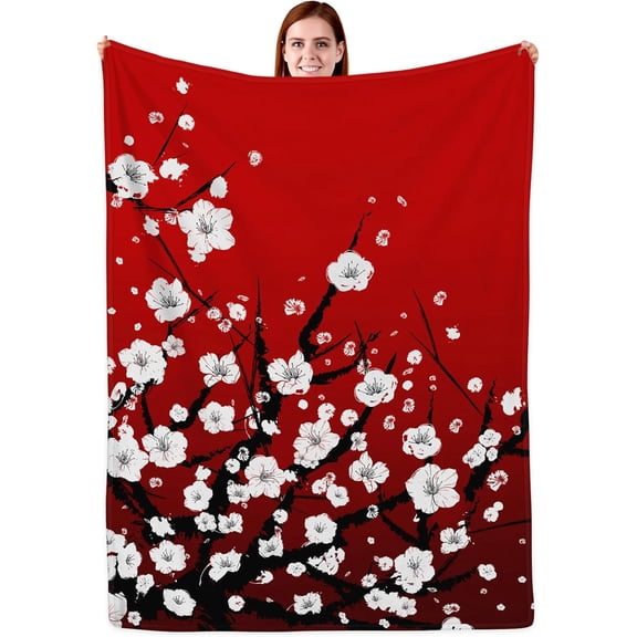 Janpanese Red Cherry Blossom Blanket, 60" x 80" Lightweight Soft Floral Throw, Gifts for Women