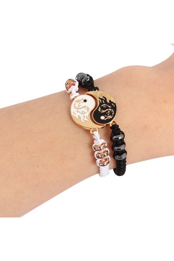 1 Pair Couple Bracelets Adjustable Handmade Dragon Totem Taiji Necklace With Diamonds Braided Hand Cord For Bff Friendship Relationships Men And Women Friends Valentine'S Day Gift