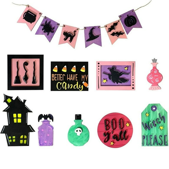 Janrevotw 10 Piece Halloween Tiered Tray Decoration Set Happy Halloween Wooden Signs Cottage Rustic Tiered Tray Decorations Interior Decorations