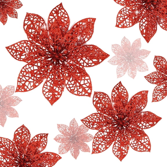 Janrevotw 10 Pieces Glitter Poinsettia Flowers Christmas Tree Ornaments, Glitzy Poinsettia Bushes Christmas Decorations for Xmas/Holiday/Seasonal/Wedding
