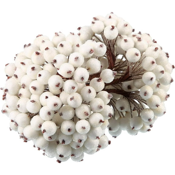 Janrevotw 100 Wired Stems of Artificial Holly Berries Artificial Flower Decor 200 Pack 12 mm Mini Christmas Frosted Fruit Berry (White)