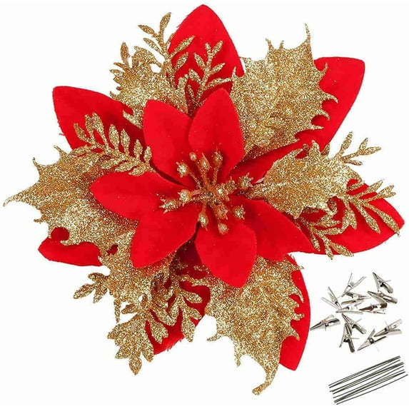 Janrevotw 10pcs Glitter Gold Dust Christmas Flowers 5.5” Artificial Flower Christmas Flower With Clip Stem Christmas Tree Decorations For Wedding Party Wreath Decoration (Red Gold)