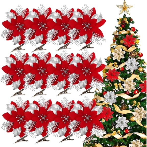 Janrevotw 12 Pcs 5.9" Christmas Poinsettia Artificial Flowers Decorations with 12 Pcs Clips Glitter Christmas Flower Picks Decor for Wreath Xmas Tree New Year Party Ornament Wedding Red Golden