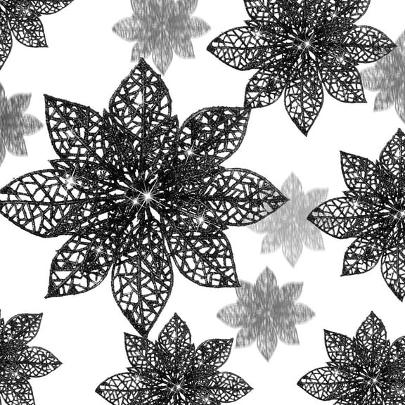 Janrevotw 12 Pcs Christmas Glitter Poinsettia Artificial Flowers Christmas Tree Ornaments with Clips for Xmas Wreath Centerpieces Wedding Party Floral Decorations Multisize 6 Inch (Black)