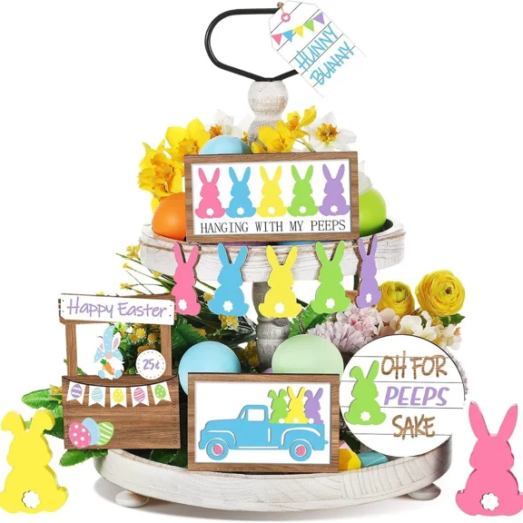 Janrevotw 12 Pieces Easter Tiered Tray Decorations Set Happy Easter Sign Bunny Wood Sign Table Decoration