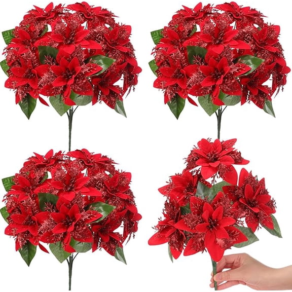 Janrevotw 1Pack Christmas Glitter Poinsettia Artificial Bushes 12.6 Inch Poinsettia Flowers Bushes  7 Heads of Poinsettia Bouquet Christmas Decorations Ornaments for Indoor Outdoor(Red)