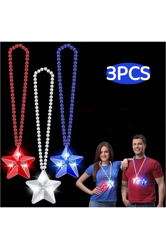 3 Pack 4th of July Party Favor LED Light Up Necklaces,Red White Blue Necklaces Accessories Decorations Party Supplies, Patriotic Stars Beads National Day,Independence Day