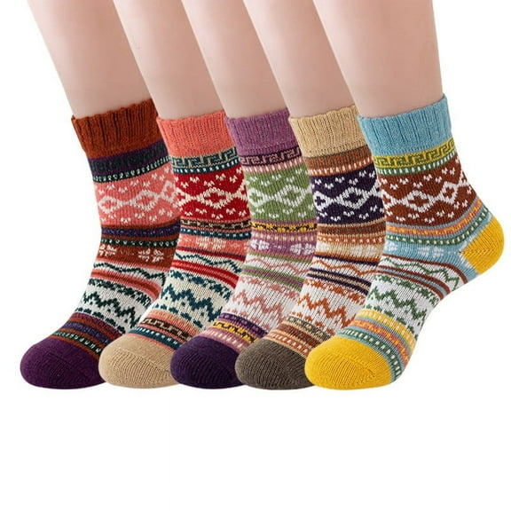 Janrevotw 5 Pairs Of Mixed Colors Socks Winter Warm Wool Socks Terry Socks Ethnic Style Men'S Mid-Calf Socks Cotton Socks Leisure