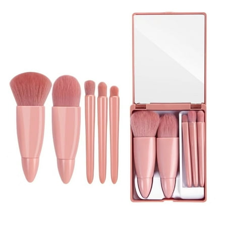 Janrevotw 5 Pieces Portable Makeup Brushes Powder Eyeshadow Brushes Makeup Brush Set Travel Set With Mirror