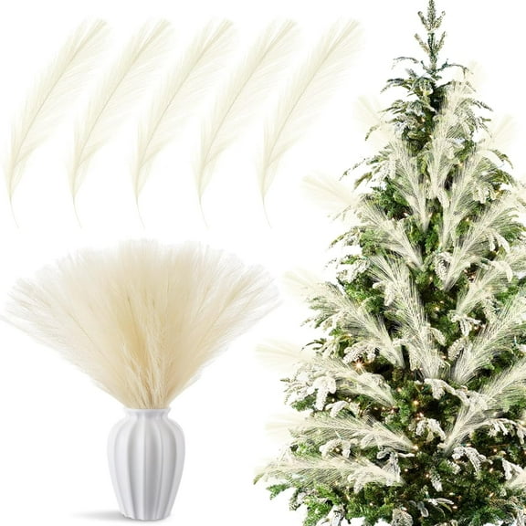 Janrevotw 50 Pcs 16Inch Christmas Beige Faux Pampas Grass Artificial Grass Fake Pampas for DIY Christmas Tree Ornaments Wedding Home Decor