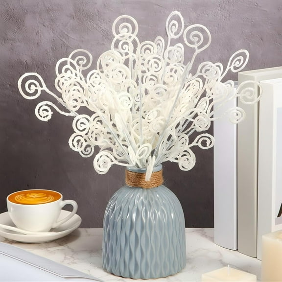 Janrevotw 50 Pcs Glitter Tree Picks and Sprays Twigs Artificial Curly Stem Picks Ornaments 12 Inch Branches Sticks for Wreath Vase Fillers Gift Decoration(White)